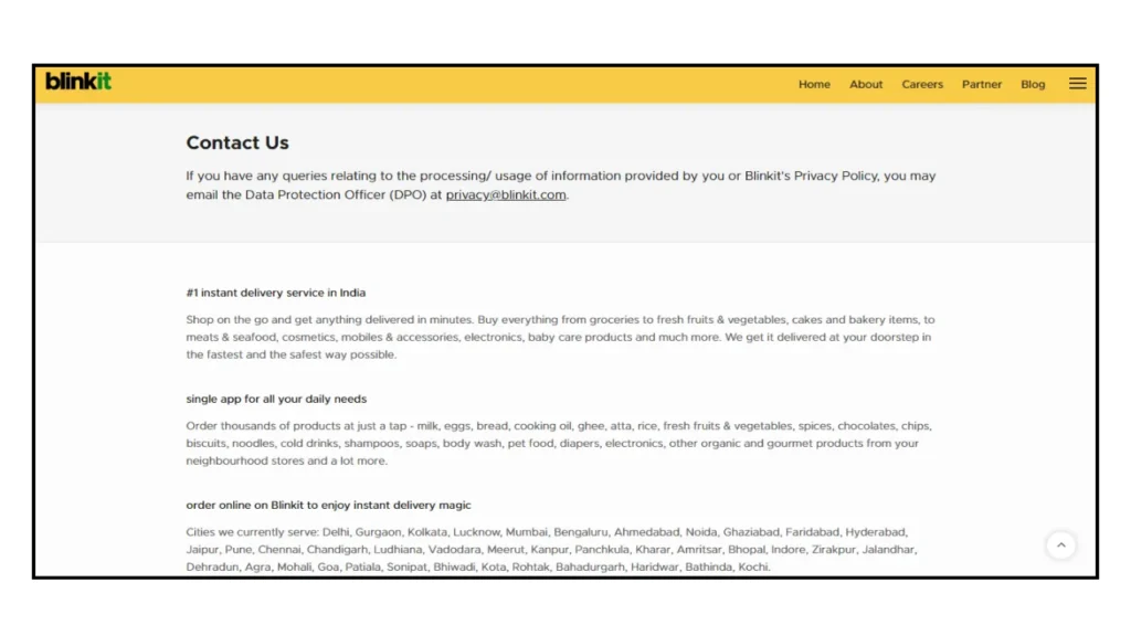 2. Delete Blinkit Order History via Contact Us Page